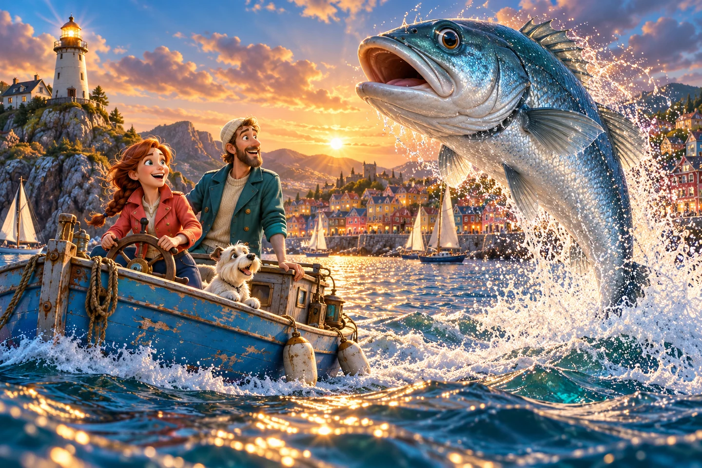 Nell, Eli and Pip sail past the lighthouse beside a giant silver bass