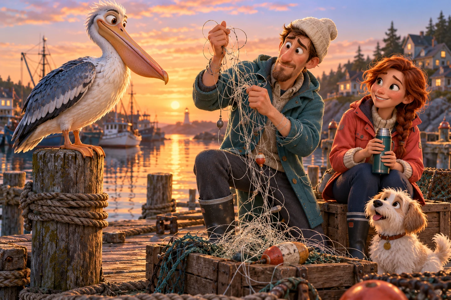 Eli untangles a knot while Nell, Pip and a pelican watch the sunrise
