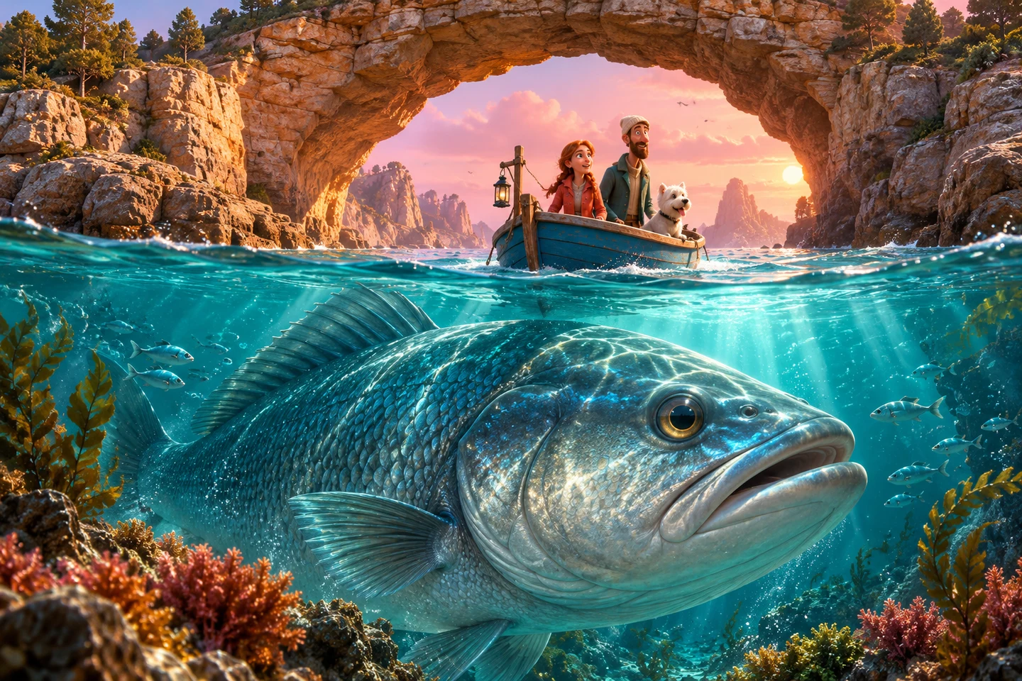 An enormous blue bass beneath a coastal stone arch