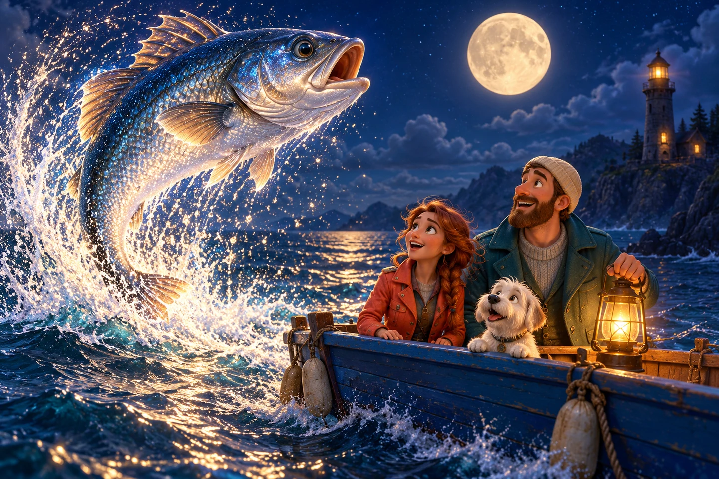 A silver bass rises beside the blue boat in moonlight