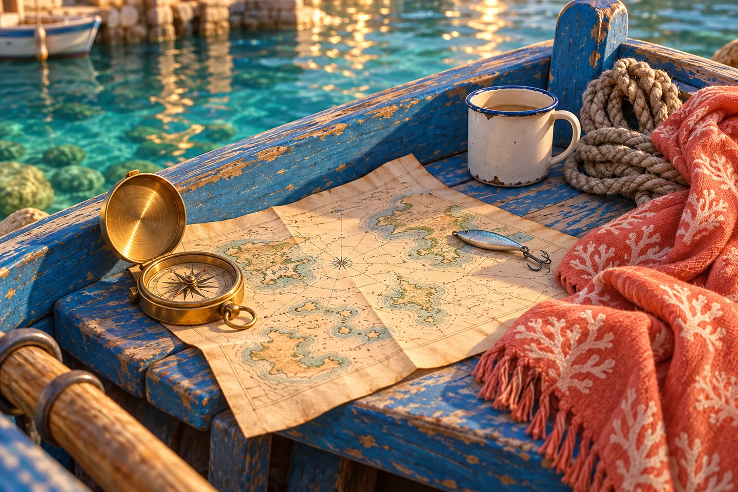 A brass compass and folded sea chart on the boat bench