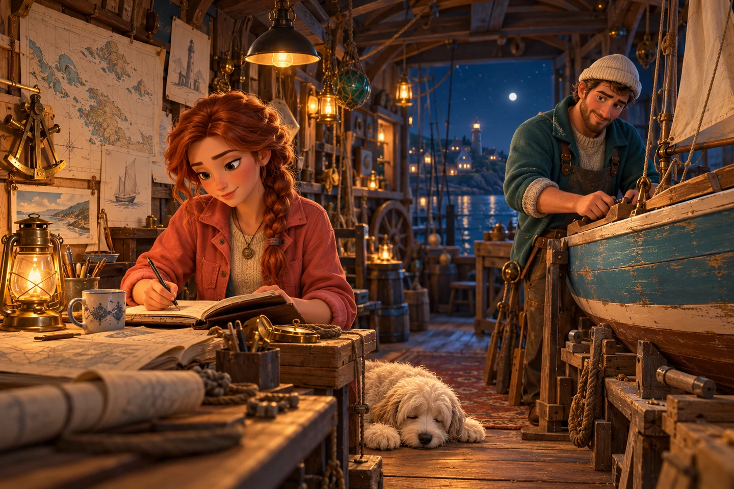 Eli and Nell in the warm lantern-lit boat workshop