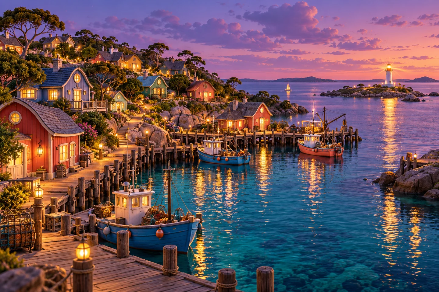 Colourful harbour houses and boats at blue hour