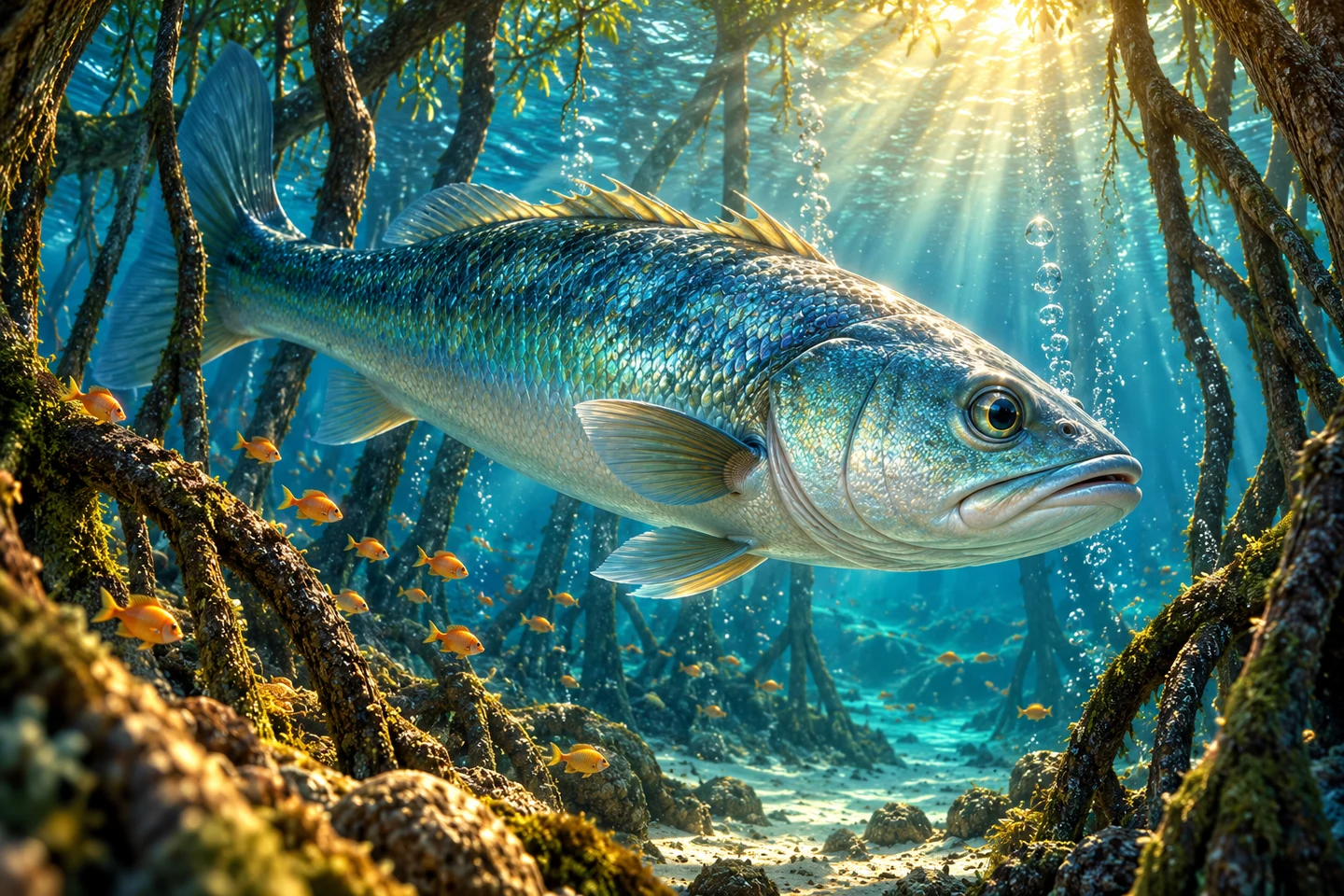 An immense silver-blue bass among submerged mangrove roots